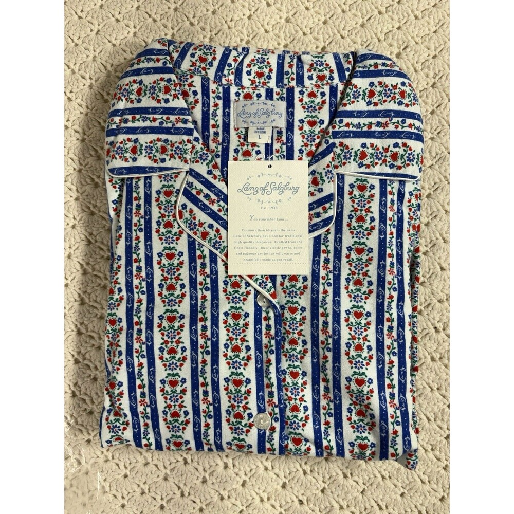 NWT Lanz of Salzburg Flannel Pajama Set L Tyrolean Blue Stripe Heart 2 Pc Cotton